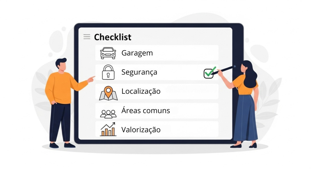 Checklist ilustrado com itens essenciais na escolha de um imóvel, como garagem, segurança e valorização.