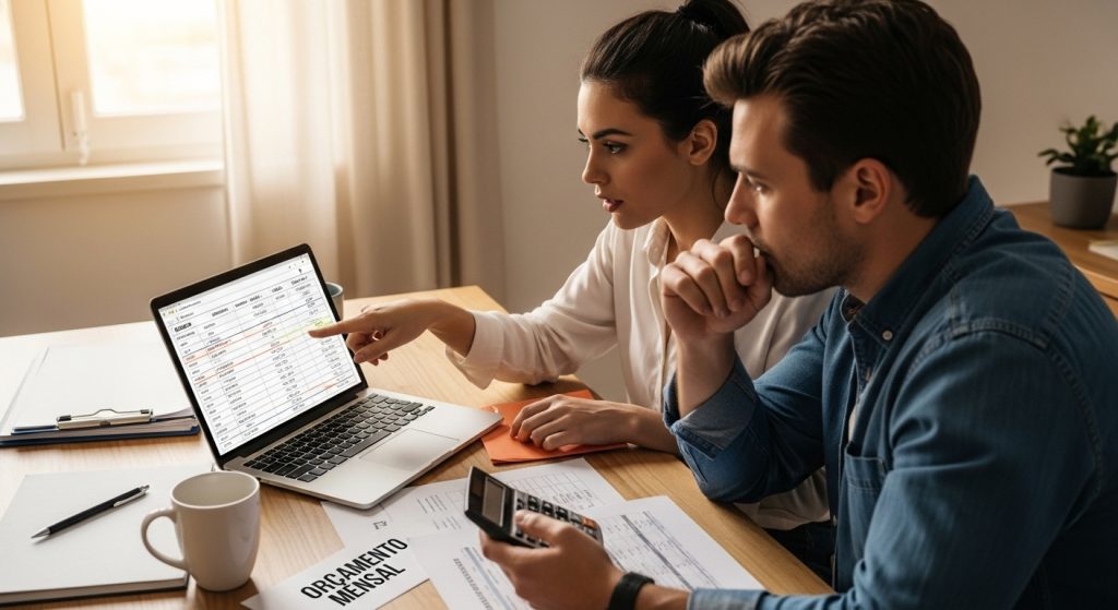 Casal analisando planilha de orçamento mensal no notebook, com documentos e calculadora sobre a mesa.