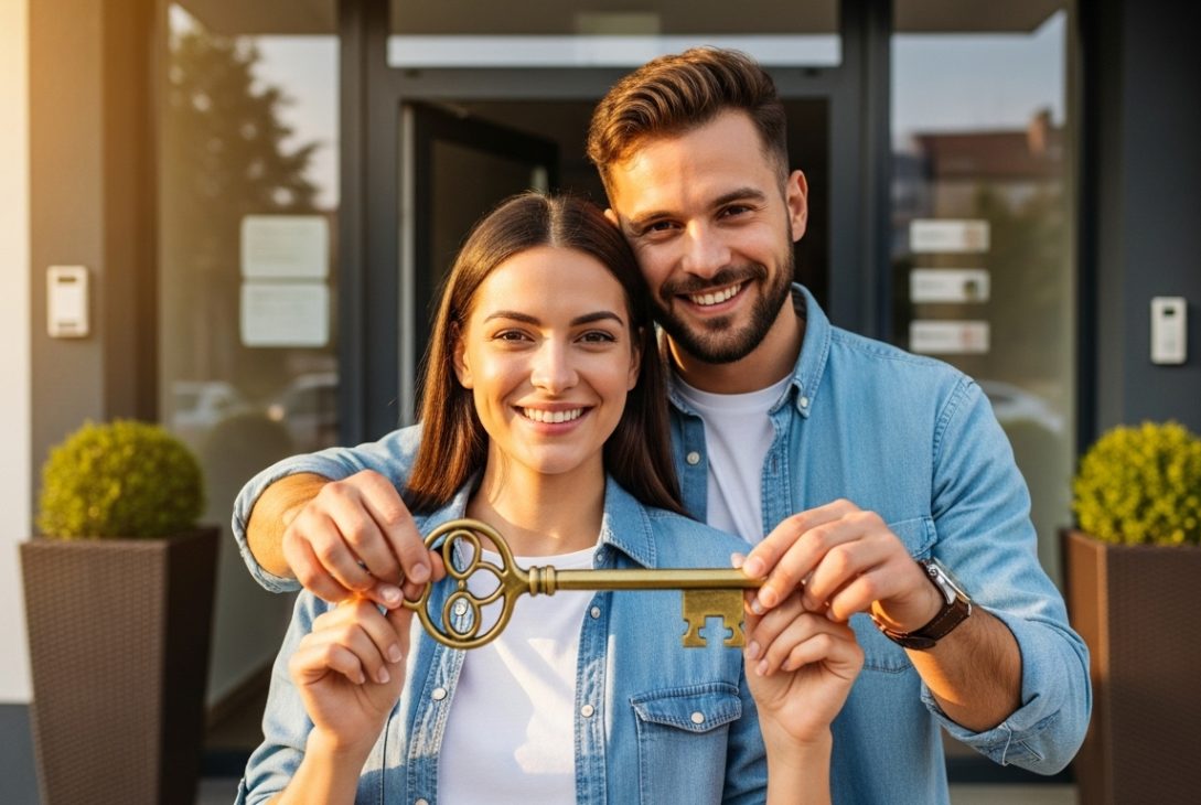 Casal sorridente segurando chave simbólica dourada em frente à nova residência.
