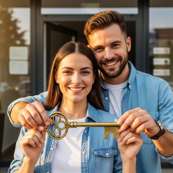 Casal sorridente segurando chave simbólica dourada em frente à nova residência.