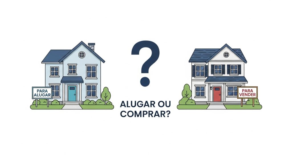 Ilustração comparativa entre duas casas com placas “Para Alugar” e “Para Vender”, acompanhadas da pergunta “Alugar ou comprar?”.