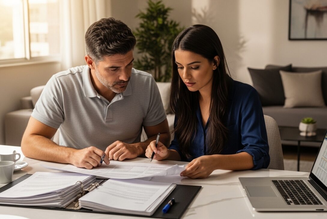Homem e mulher sentados à mesa revisando documentos financeiros e planilhas no laptop, focados na organização de contas e gestão de dívidas.