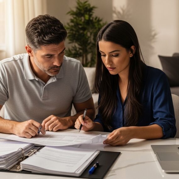 Homem e mulher sentados à mesa revisando documentos financeiros e planilhas no laptop, focados na organização de contas e gestão de dívidas.