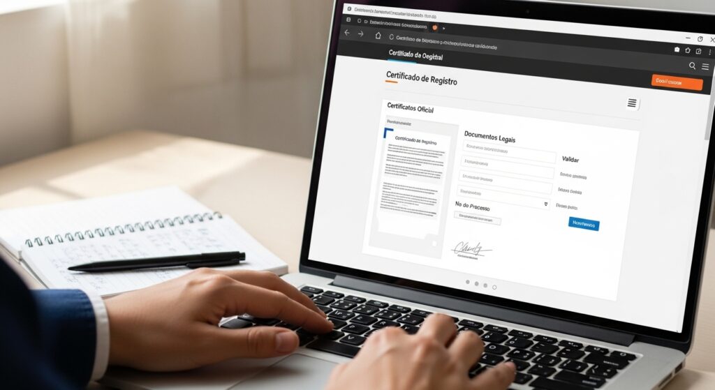 Pessoa utilizando um notebook para acessar um sistema de Certificado de Registro e consulta de documentos legais online.