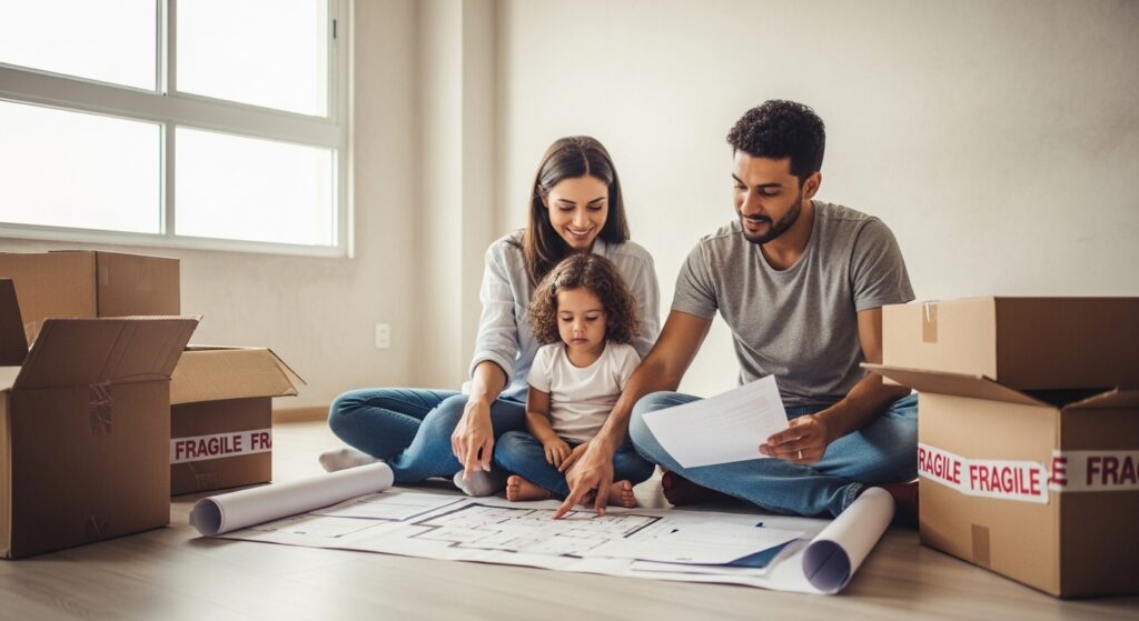 Casal sentado no chão de uma casa nova com uma criança, analisando a planta do imóvel cercados por caixas de mudança com etiquetas de frágil.