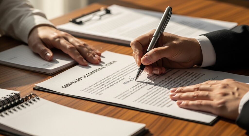 Close de uma pessoa assinando um contrato de compra e venda sobre uma mesa de madeira, simbolizando a formalização de acordos ou quitação de dívidas.