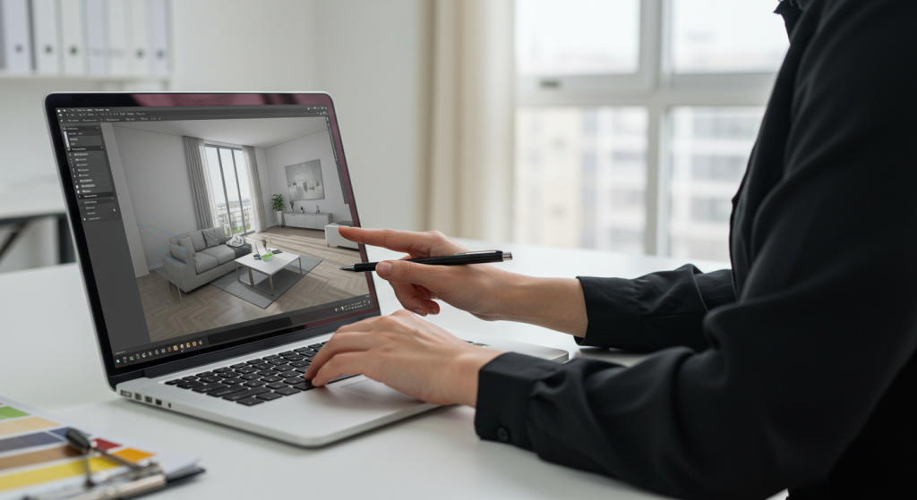 Pessoa projetando sala de estar em software de design 3D em um laptop sobre a mesa.