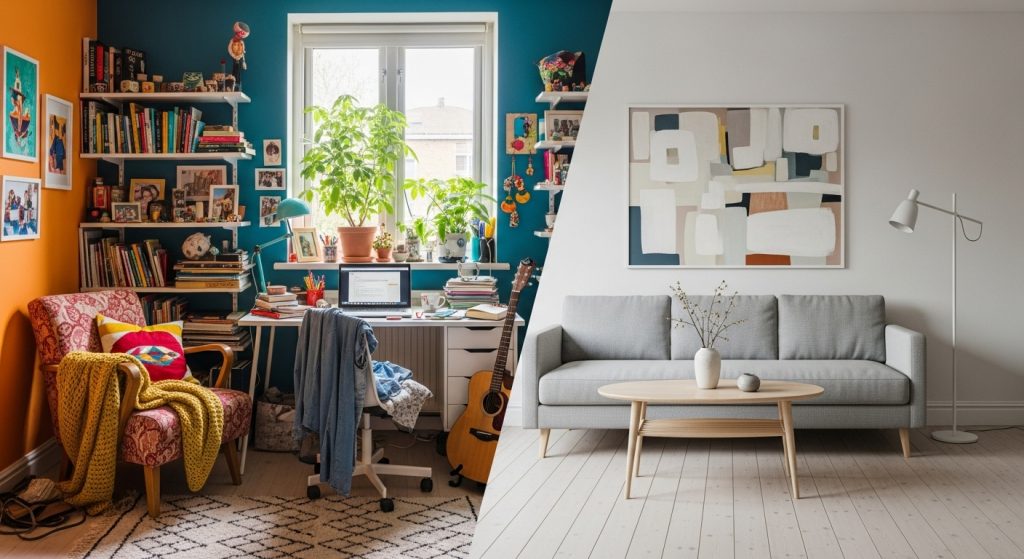 Comparação entre ambiente colorido e cheio de objetos e sala minimalista com decoração simples.