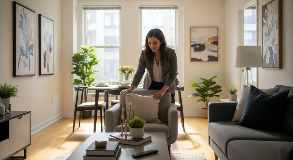Mulher organizando almofada em sala moderna com plantas e quadros decorativos nas paredes.