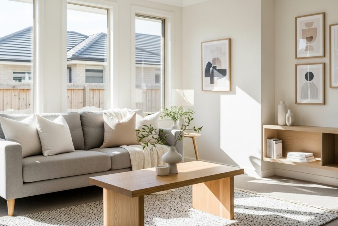 Sala de estar iluminada com sofá cinza, mesa de madeira e decoração minimalista em tons neutros.