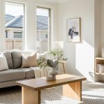Sala de estar iluminada com sofá cinza, mesa de madeira e decoração minimalista em tons neutros.