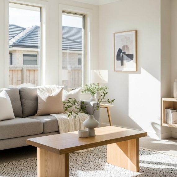 Sala de estar iluminada com sofá cinza, mesa de madeira e decoração minimalista em tons neutros.