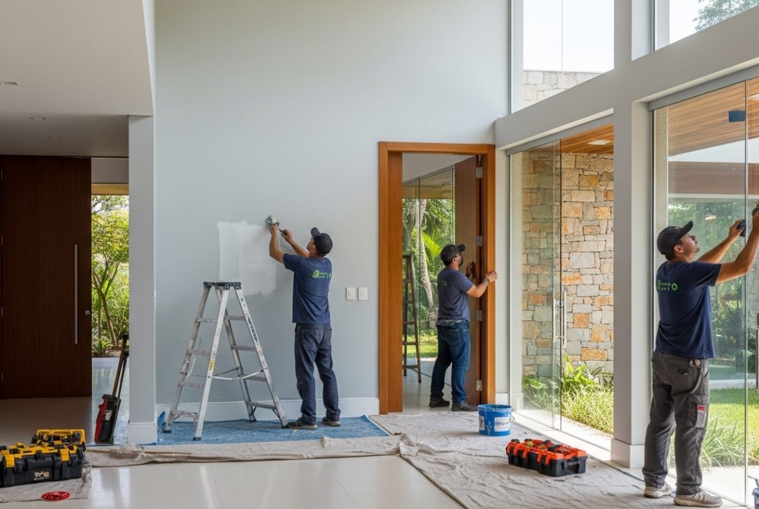 Equipe de trabalhadores realizando pintura e limpeza em casa moderna com portas de vidro.