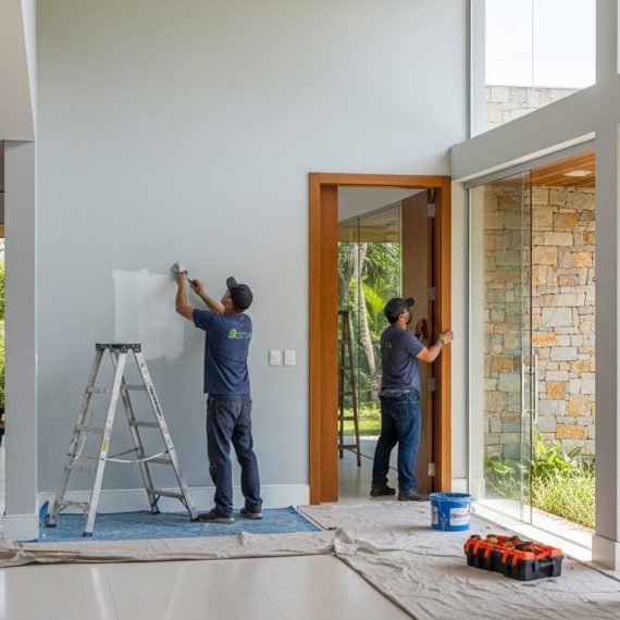 Equipe de trabalhadores realizando pintura e limpeza em casa moderna com portas de vidro.