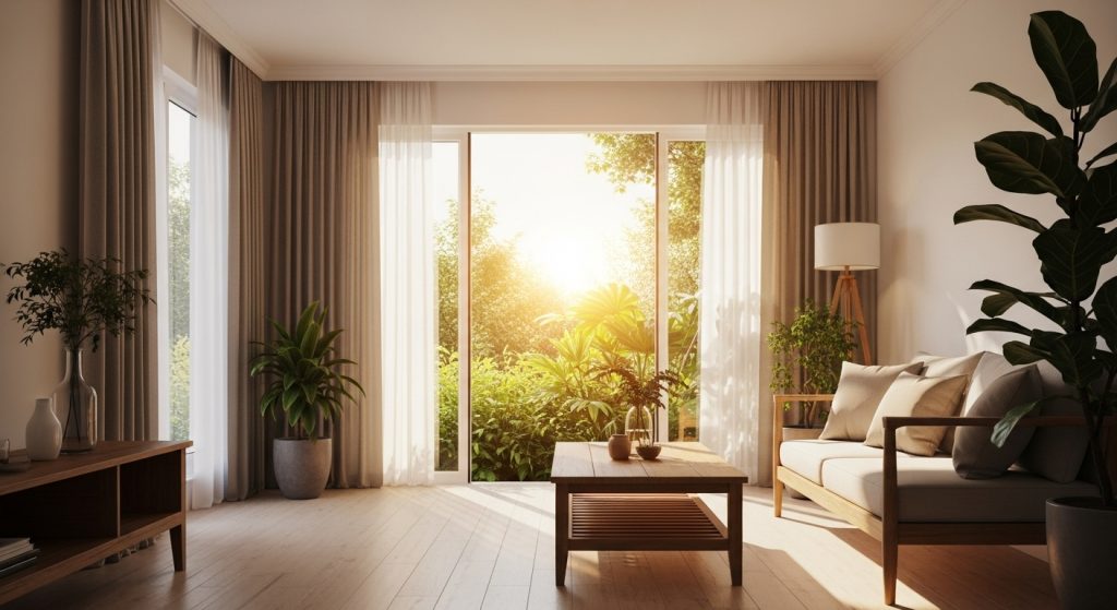 Sala de estar com móveis de madeira, cortinas claras e vista para jardim ao pôr do sol.