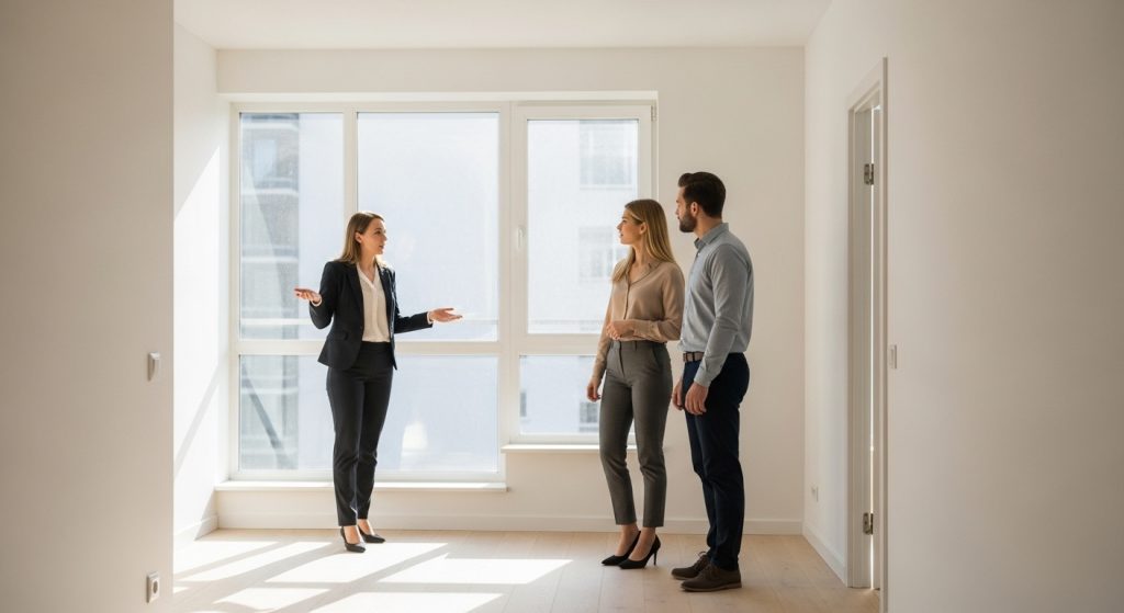 Corretora apresenta apartamento vazio e iluminado a um casal interessado.