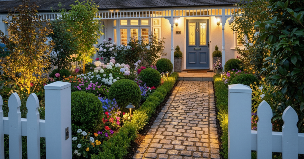 Fachada de casa iluminada com jardim florido, caminho de pedras e cerca branca.