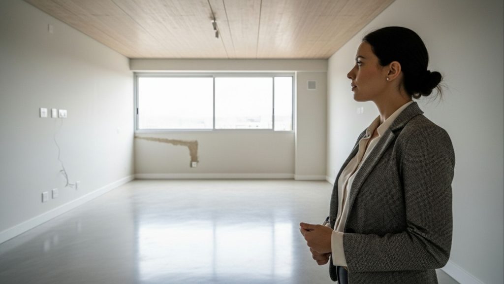 Mulher de terno observa parede danificada em apartamento vazio e iluminad