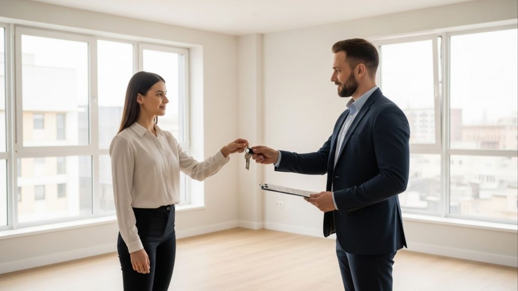 Corretor entrega chaves de imóvel novo a mulher em apartamento claro e espaçoso.