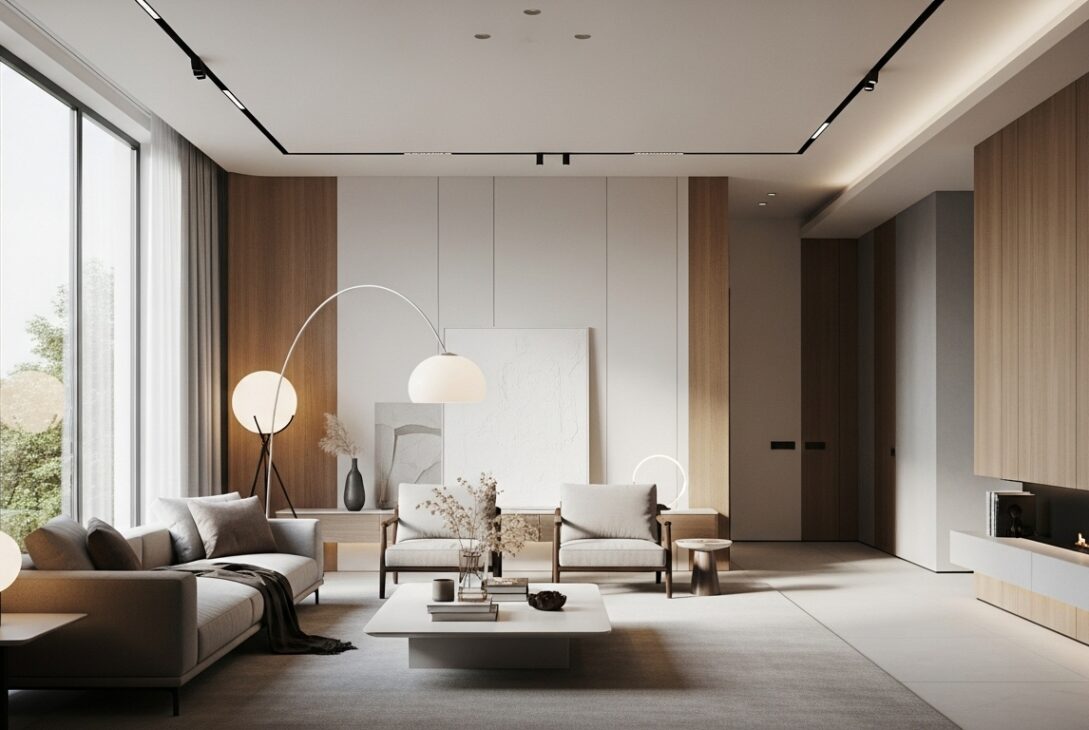 Sala de estar com decoração minimalista em tons neutros, mobiliário moderno, lareira embutida e luminárias de design, com grande janela lateral.