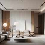 Sala de estar com decoração minimalista em tons neutros, mobiliário moderno, lareira embutida e luminárias de design, com grande janela lateral.