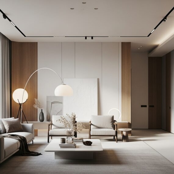 Sala de estar com decoração minimalista em tons neutros, mobiliário moderno, lareira embutida e luminárias de design, com grande janela lateral.
