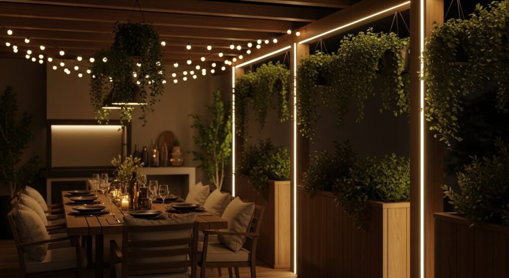 Área gourmet externa decorada com plantas pendentes, iluminação aconchegante com luzes de cordão e mesa de jantar posta para recepção.
