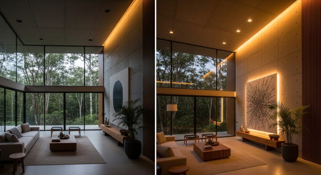 Quarto com decoração em estilo escandinavo, cama com cabeceira estofada, iluminação indireta no teto e móveis em tons claros.