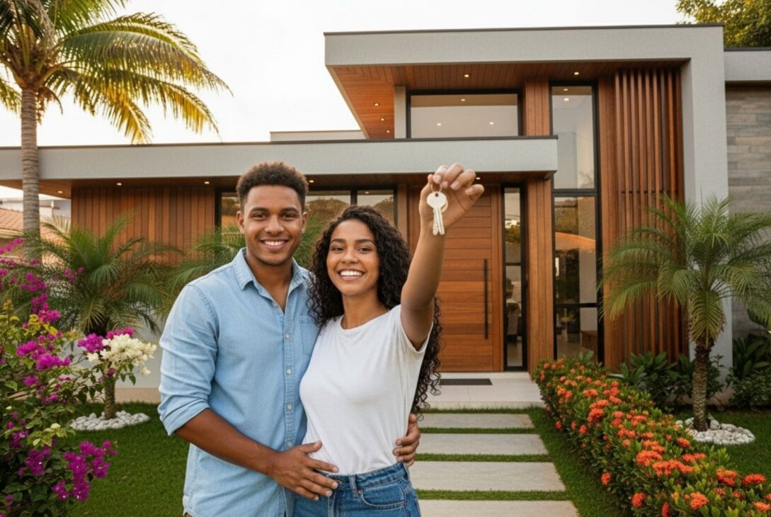 Casal sorridente em frente a casa moderna com fachada de madeira e jardim florido, segurando chaves do imóvel.