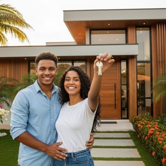 Casal sorridente em frente a casa moderna com fachada de madeira e jardim florido, segurando chaves do imóvel.