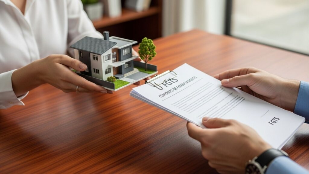 Mãos segurando contrato de financiamento com a palavra “FGTS” e maquete de casa com jardim sobre mesa de madeira.