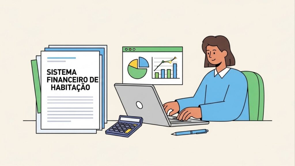 Ilustração de mulher usando notebook ao lado de papéis com o título “Sistema Financeiro de Habitação”, gráficos e calculadora sobre a mesa.