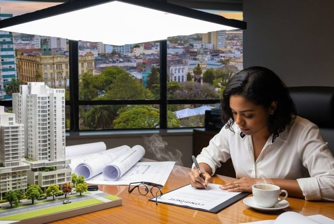 Mulher sentada à mesa assinando contrato ao lado de uma maquete de edifício residencial, com plantas arquitetônicas enroladas e uma xícara de café sobre a mesa; ao fundo, vista de prédios pela janela.