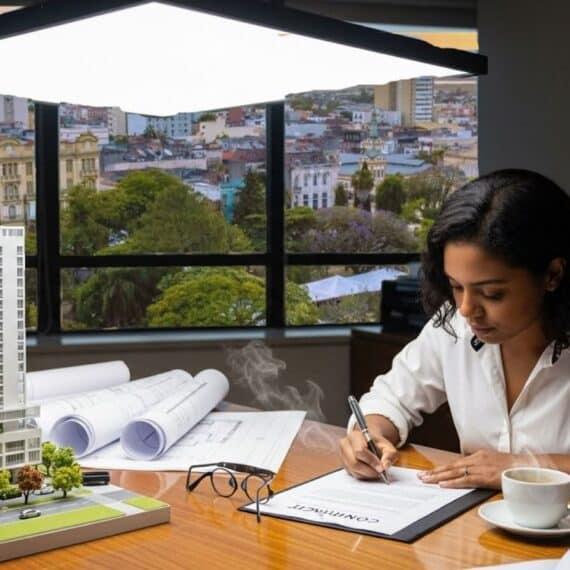 Mulher sentada à mesa assinando contrato ao lado de uma maquete de edifício residencial, com plantas arquitetônicas enroladas e uma xícara de café sobre a mesa; ao fundo, vista de prédios pela janela.