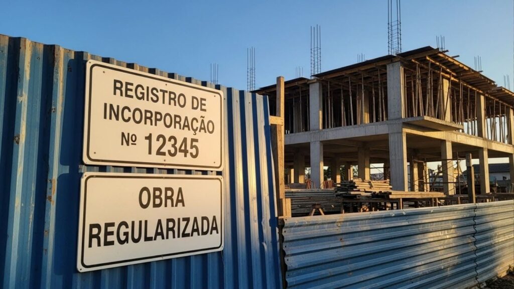 Placa em tapume azul com os dizeres “REGISTRO DE INCORPORAÇÃO Nº 12345” e “OBRA REGULARIZADA”, ao lado de construção em estrutura de concreto.