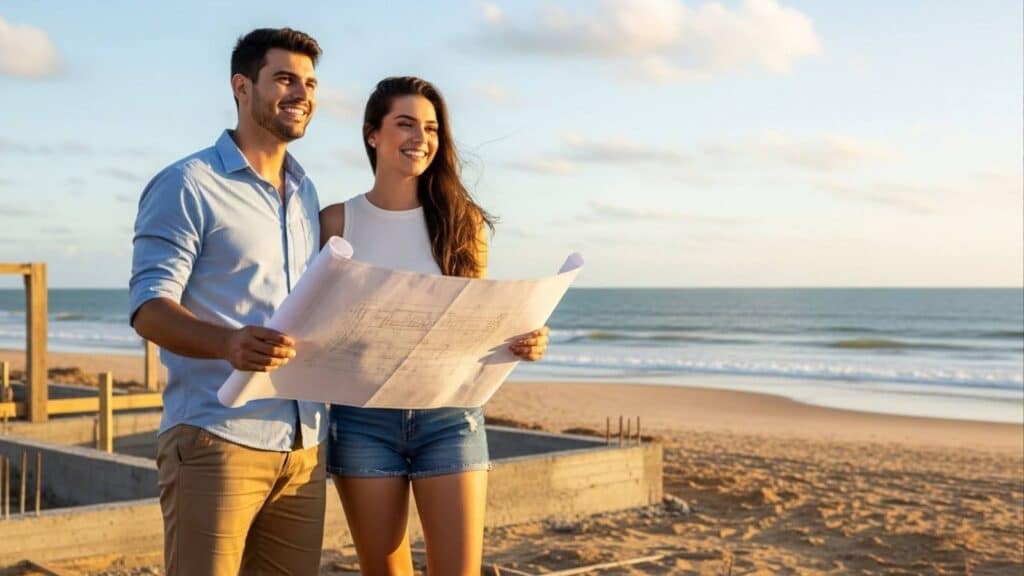 Casal sorridente em terreno de frente para o mar segurando uma planta arquitetônica, com fundações de construção ao fundo.