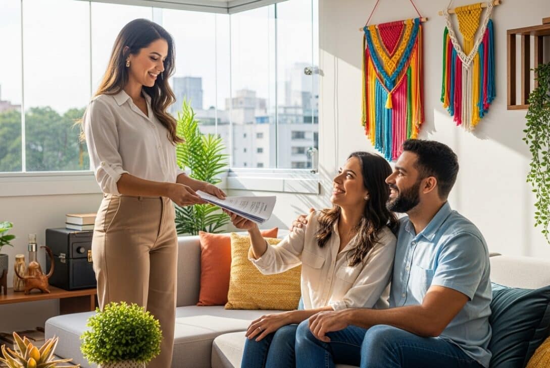 Mulher em pé entregando documentos para um casal sentado em um sofá, em ambiente decorado com plantas e peças de macramê, com janelas amplas ao fundo.