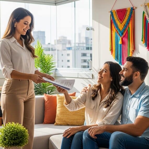 Mulher em pé entregando documentos para um casal sentado em um sofá, em ambiente decorado com plantas e peças de macramê, com janelas amplas ao fundo.