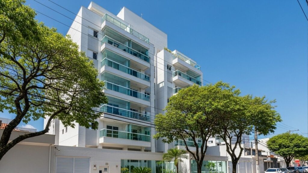 Fachada de edifício residencial moderno com sacadas de vidro, árvores na calçada e céu azul.