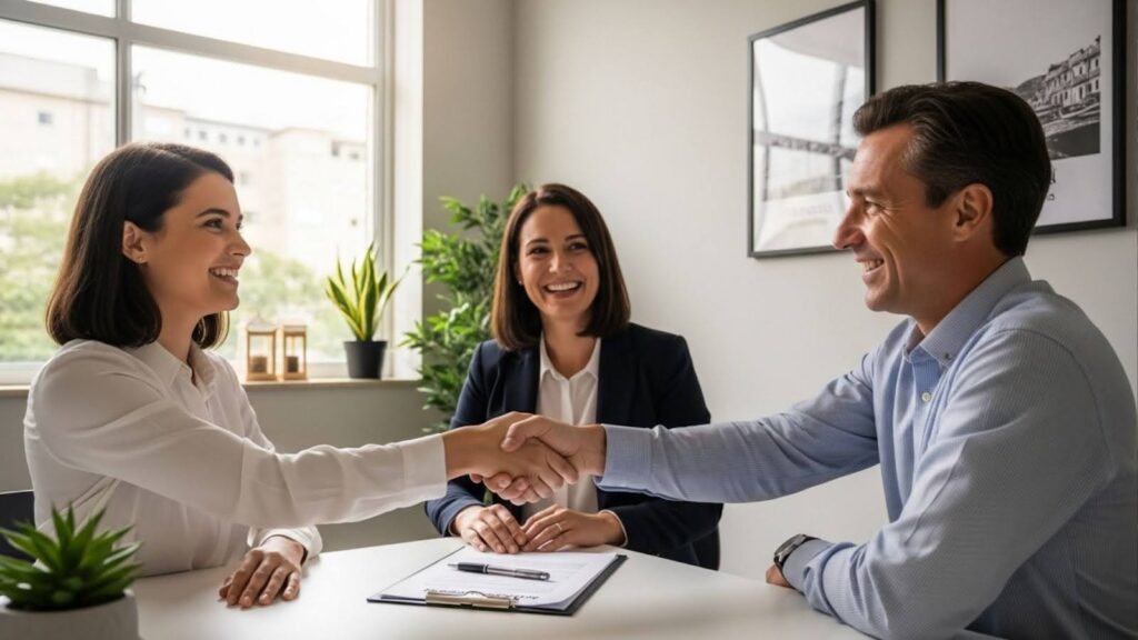 Alt text disse: Duas mulheres e um homem sorrindo em reunião, com aperto de mãos entre a mulher de camisa branca e o homem, em mesa com contrato e plantas ao fundo.