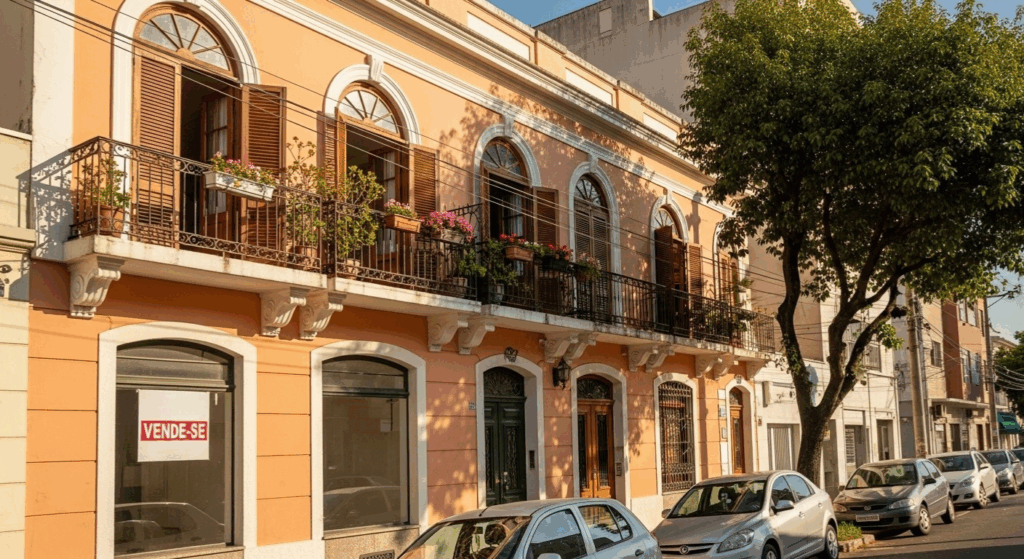 Fachada de prédio antigo com varanda florida e placa de “VENDE-SE” na janela térrea, em rua com carros estacionados.