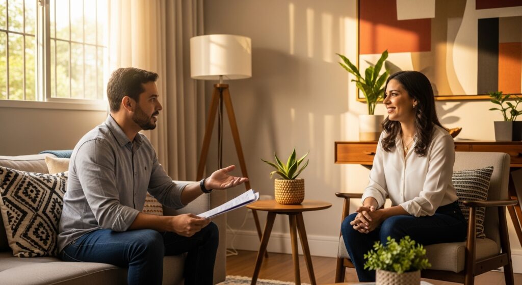 Homem segurando documentos e conversando com uma mulher em sala decorada com plantas e quadros, ambos sentados em poltronas.