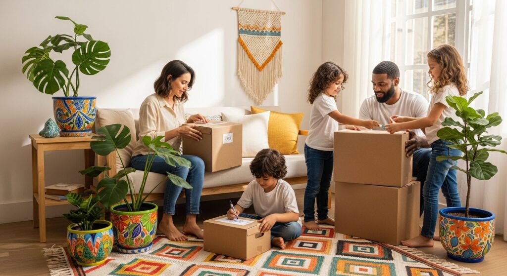 Família com três crianças organizando caixas de mudança em sala colorida com plantas e tapete estampado.