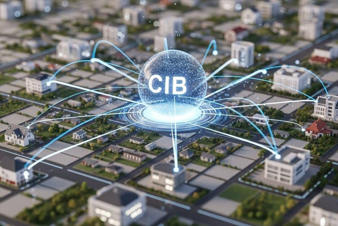 Esfera digital com a sigla "CIB" no centro de uma maquete urbana, com linhas luminosas conectando diversos imóveis ao redor, representando a integração de dados do Cadastro Imobiliário Brasileiro.