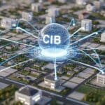 Esfera digital com a sigla "CIB" no centro de uma maquete urbana, com linhas luminosas conectando diversos imóveis ao redor, representando a integração de dados do Cadastro Imobiliário Brasileiro.