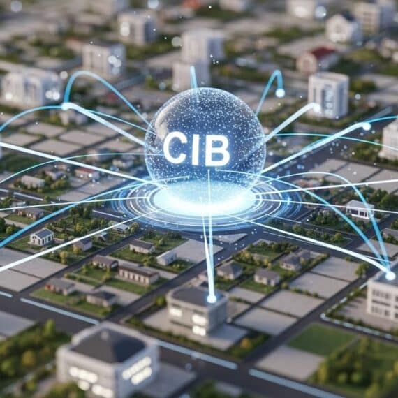 Esfera digital com a sigla "CIB" no centro de uma maquete urbana, com linhas luminosas conectando diversos imóveis ao redor, representando a integração de dados do Cadastro Imobiliário Brasileiro.