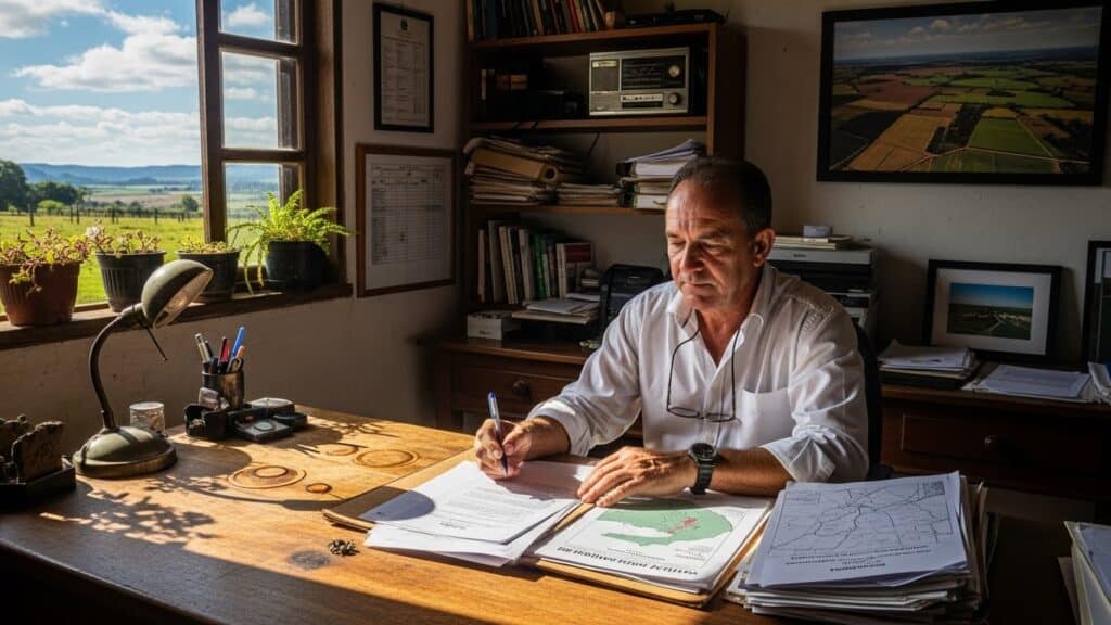 Homem de meia-idade escrevendo em papéis sobre uma mesa de madeira com documentos e mapas, dentro de um escritório rural com vista para o campo e plantações ao fundo.