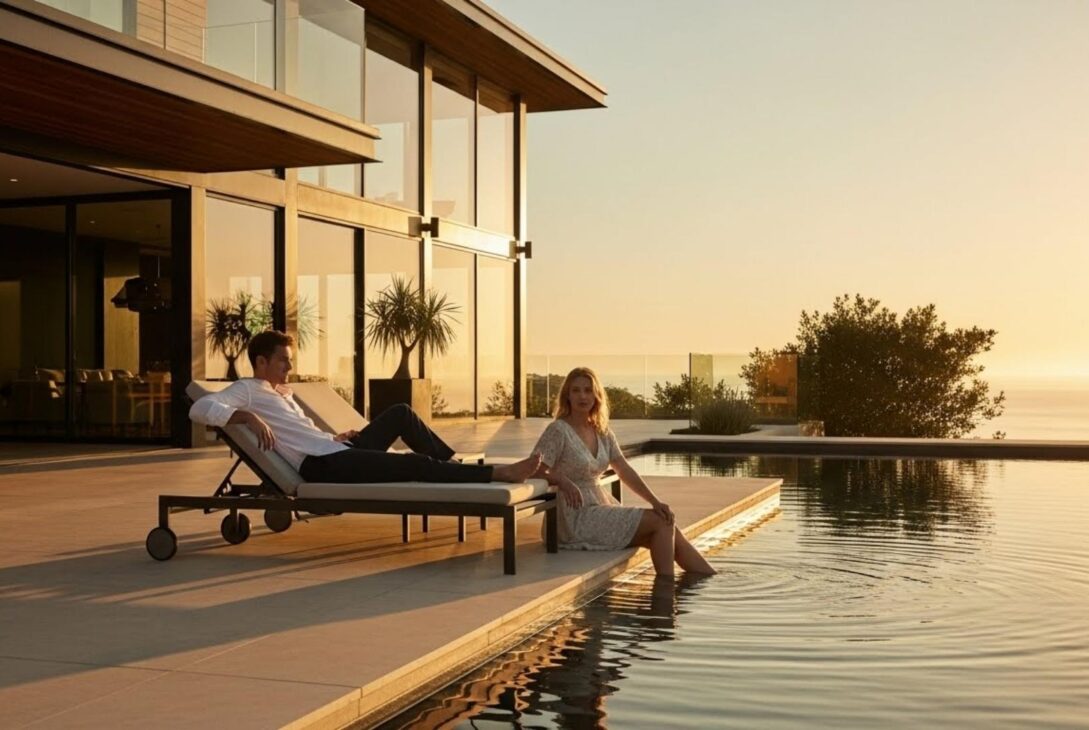 Casal relaxando ao pôr do sol em um deck de luxo. Um homem descansa em uma espreguiçadeira enquanto uma mulher senta à beira de uma piscina de borda infinita com vista para o mar e uma mansão moderna ao fundo.