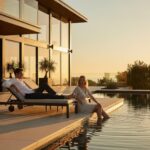 Casal relaxando ao pôr do sol em um deck de luxo. Um homem descansa em uma espreguiçadeira enquanto uma mulher senta à beira de uma piscina de borda infinita com vista para o mar e uma mansão moderna ao fundo.