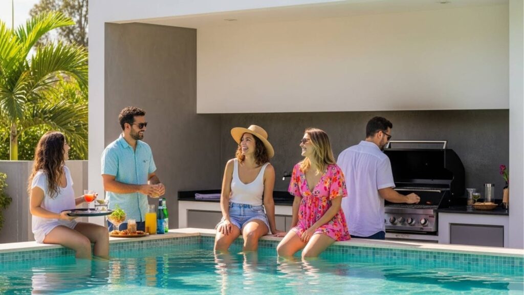 Grupo de amigos reunidos na área gourmet de uma casa com piscina. Três pessoas sentadas na borda da piscina conversam e sorriem, enquanto um homem prepara churrasco na grelha ao fundo em um ambiente ensolarado.